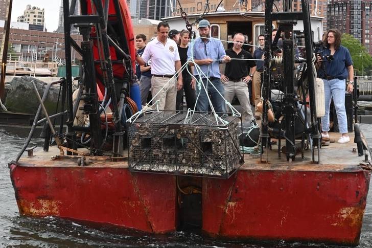 Governor Andrew Cuomo on a boat with others as they release a 275-pound gabion cage of thousands of shellfish